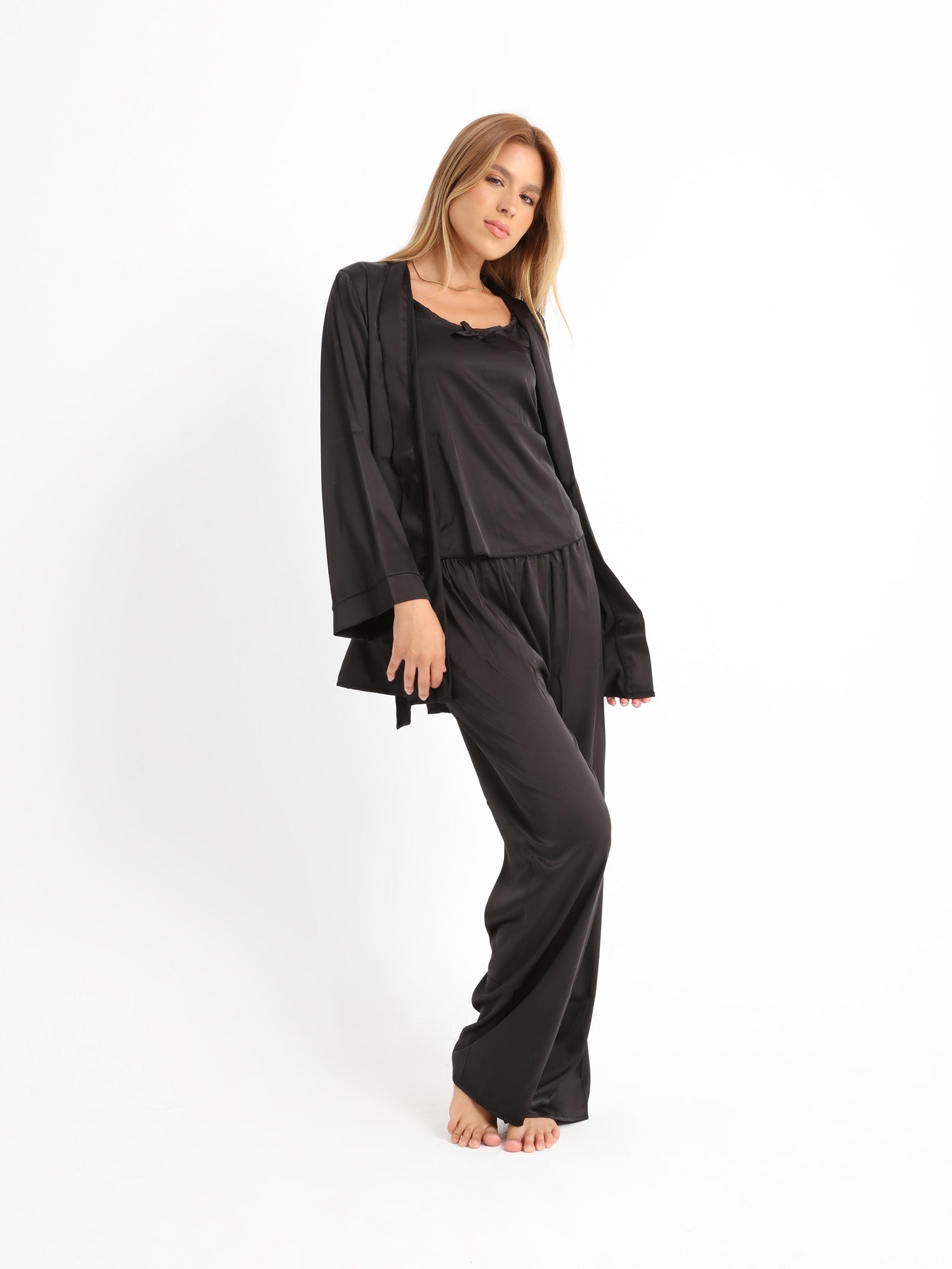 Eve Chantelle Royal Black Satin Pants Pajama Set