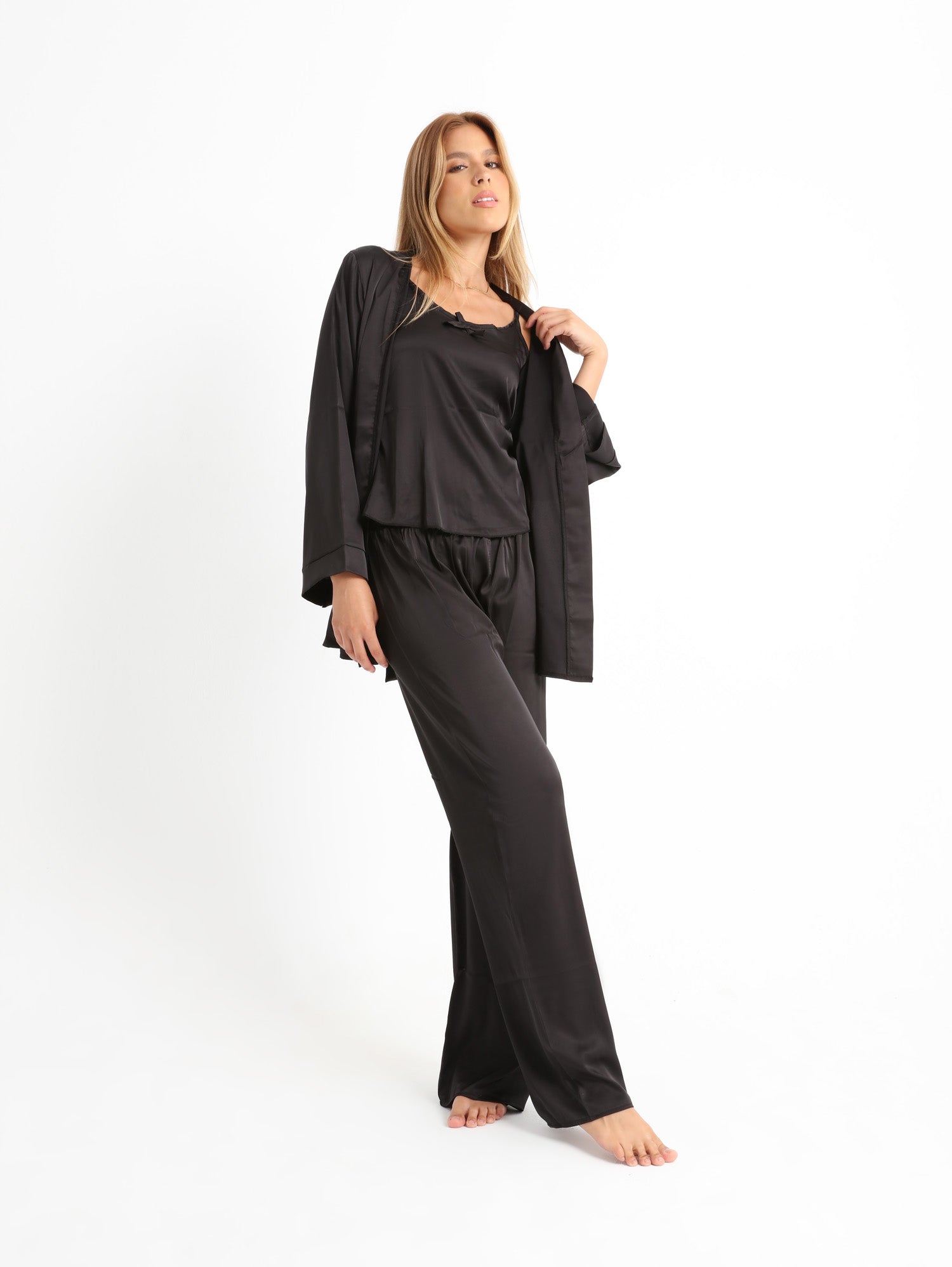 Eve Chantelle Royal Black Satin Pants Pajama Set