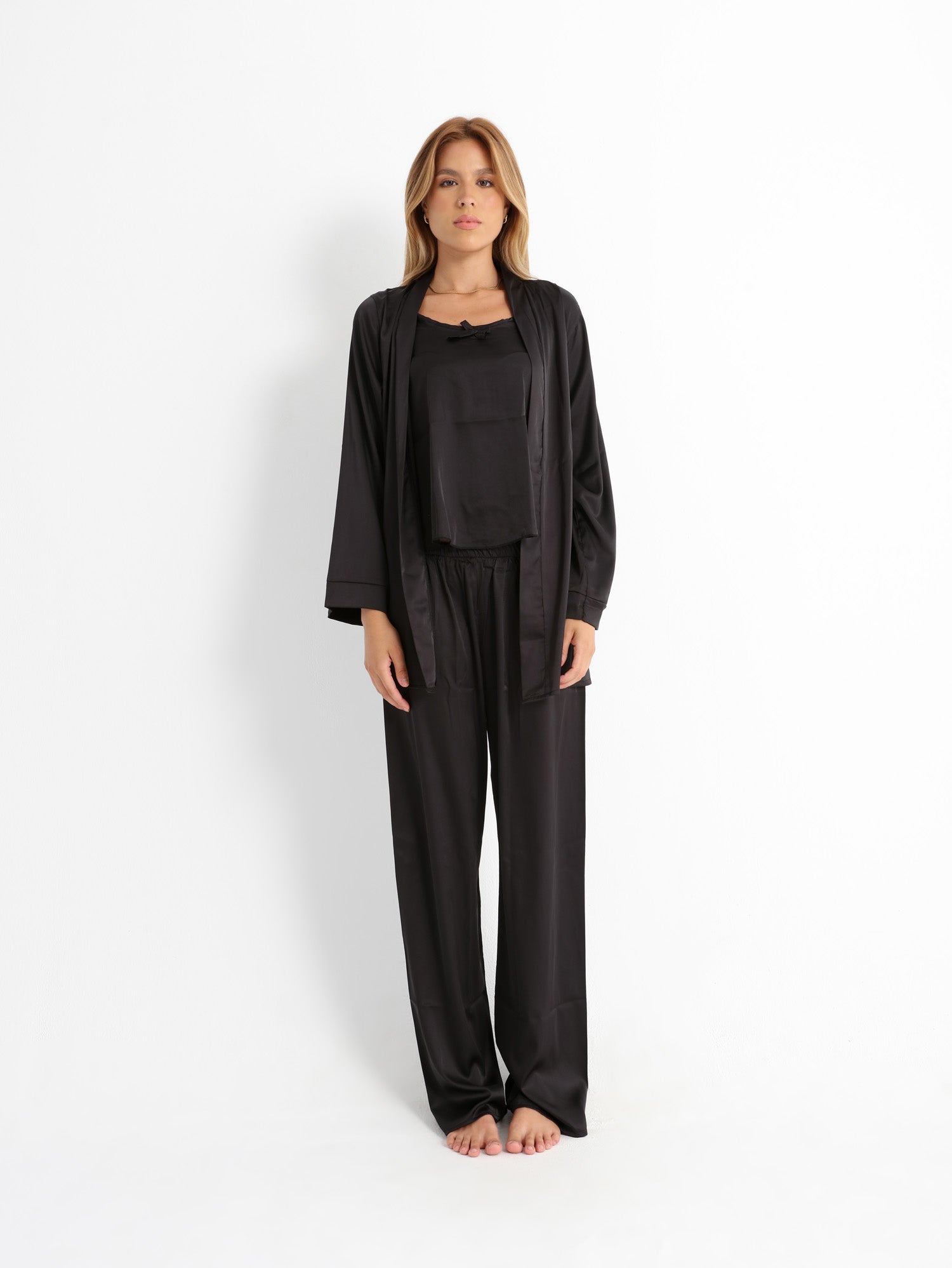 Eve Chantelle Royal Black Satin Pants Pajama Set