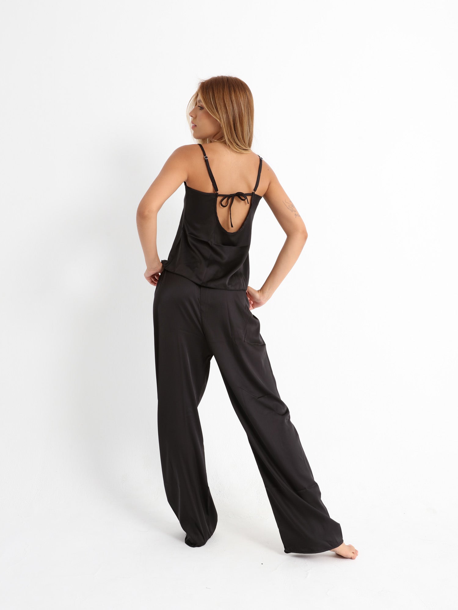 Eve Chantelle Royal Black Satin Pants Pajama Set