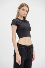 Virmo Cropped Round Neck Top Cap Sleeve