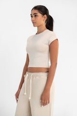 Virmo Cropped Round Neck Top Cap Sleeve