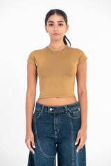 Virmo Cropped Round Neck Top Cap Sleeve