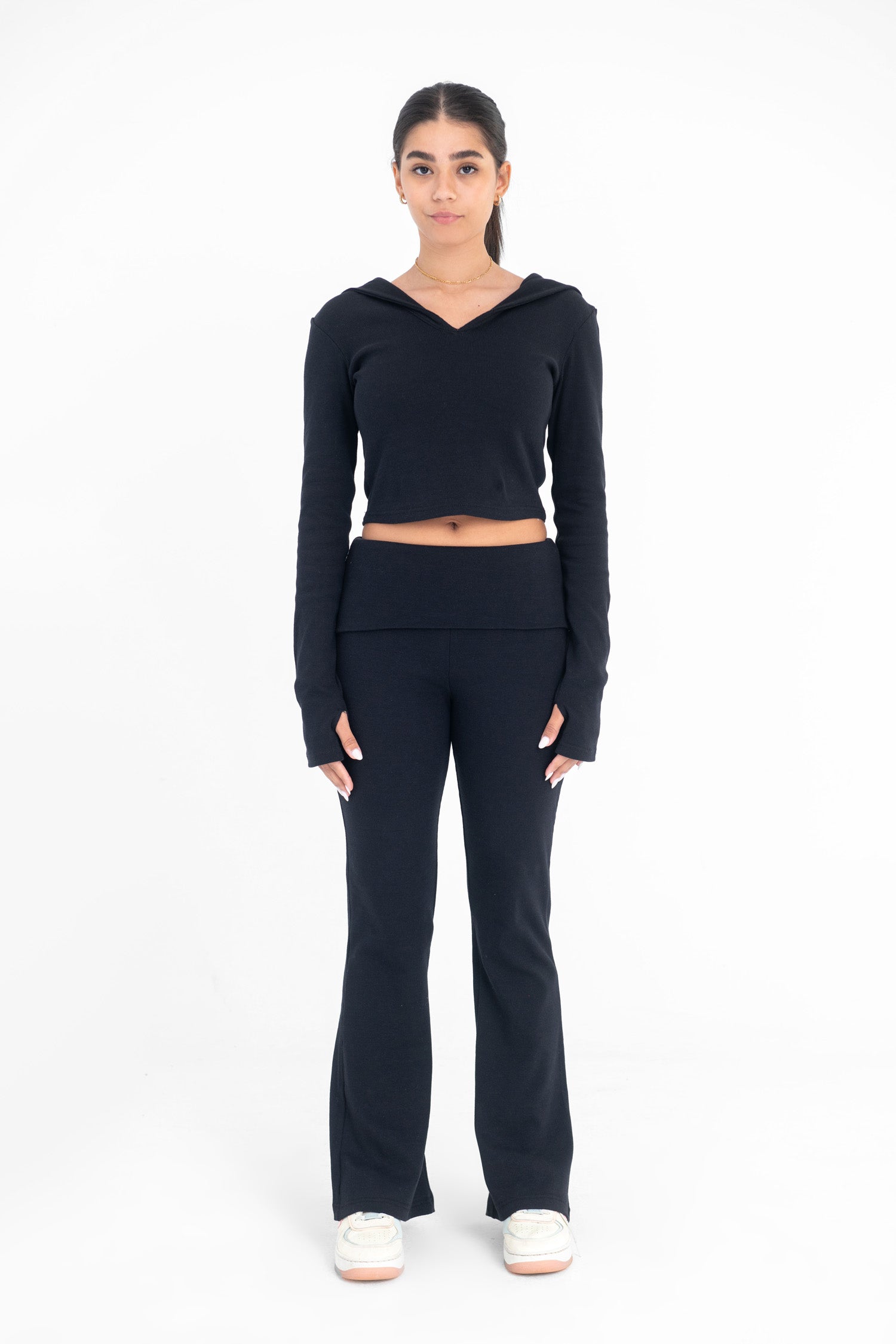 VIRMO Foldover Ribbed Flare Pants