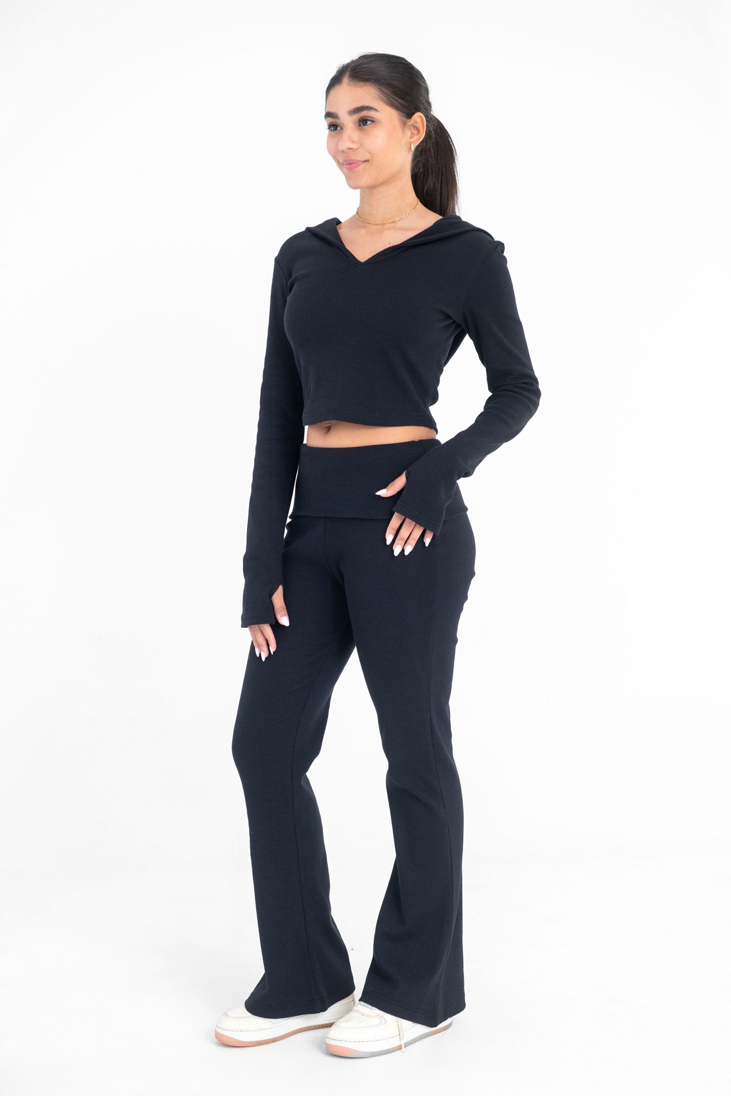 VIRMO Foldover Ribbed Flare Pants